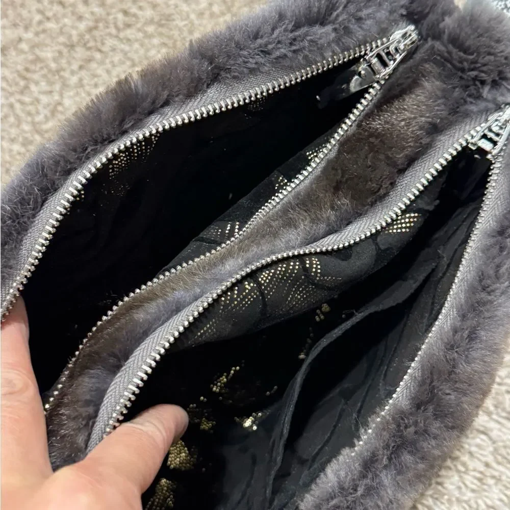 Gray Real Sheared Beaver Fur Handmade Double Zip Pillow Shoulder Bag/ Crossbody